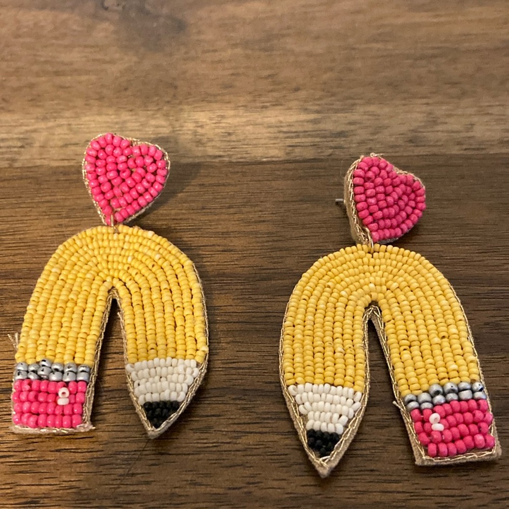 Beaded Pencil Earrings with Pink Heart